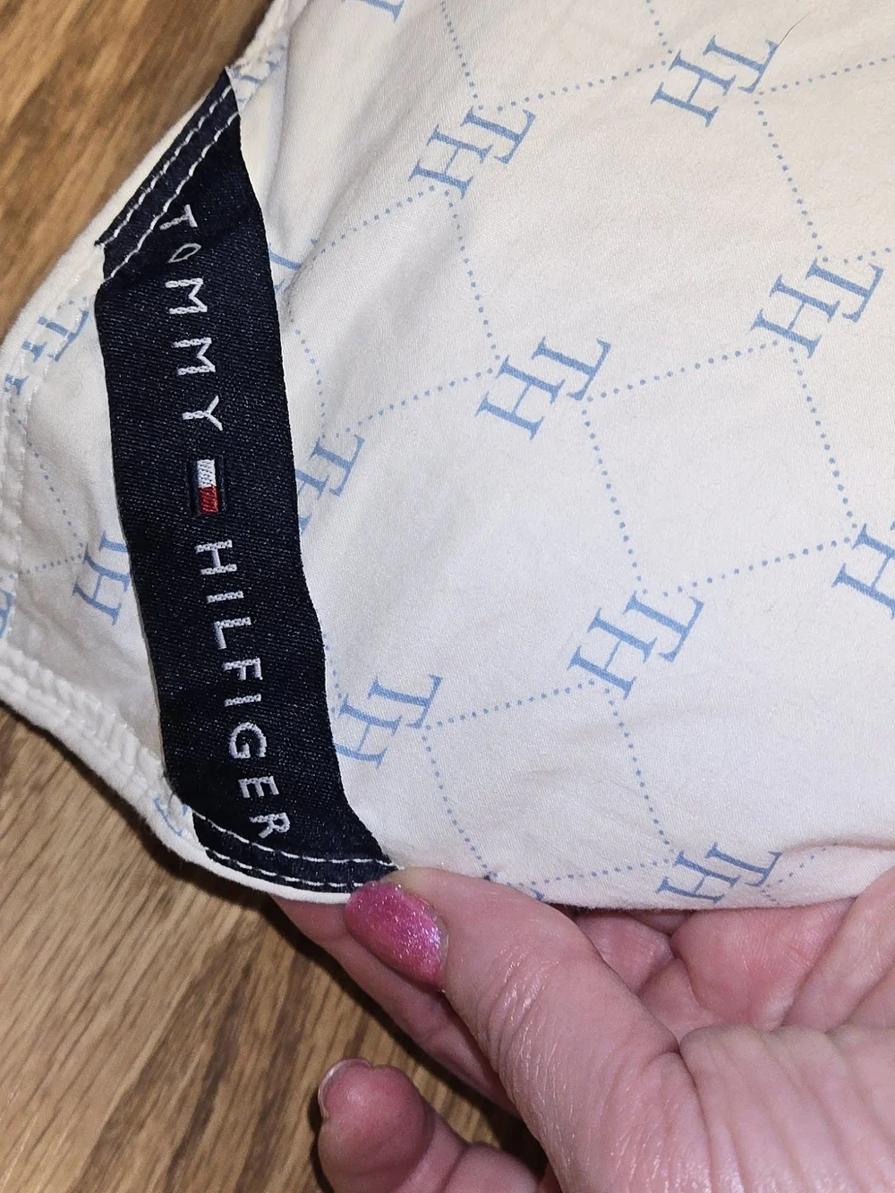 Tommy Hilfiger White Pillow with Light Blue TH Monogram and Navy Brand Tag
